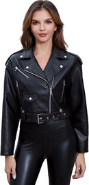 Women's Cropped Faux Leather Moto Jacket with Belt