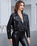 Women's Cropped Faux Leather Moto Jacket with Belt