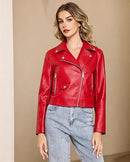 Women's Cropped Faux Leather Moto Biker Jacket